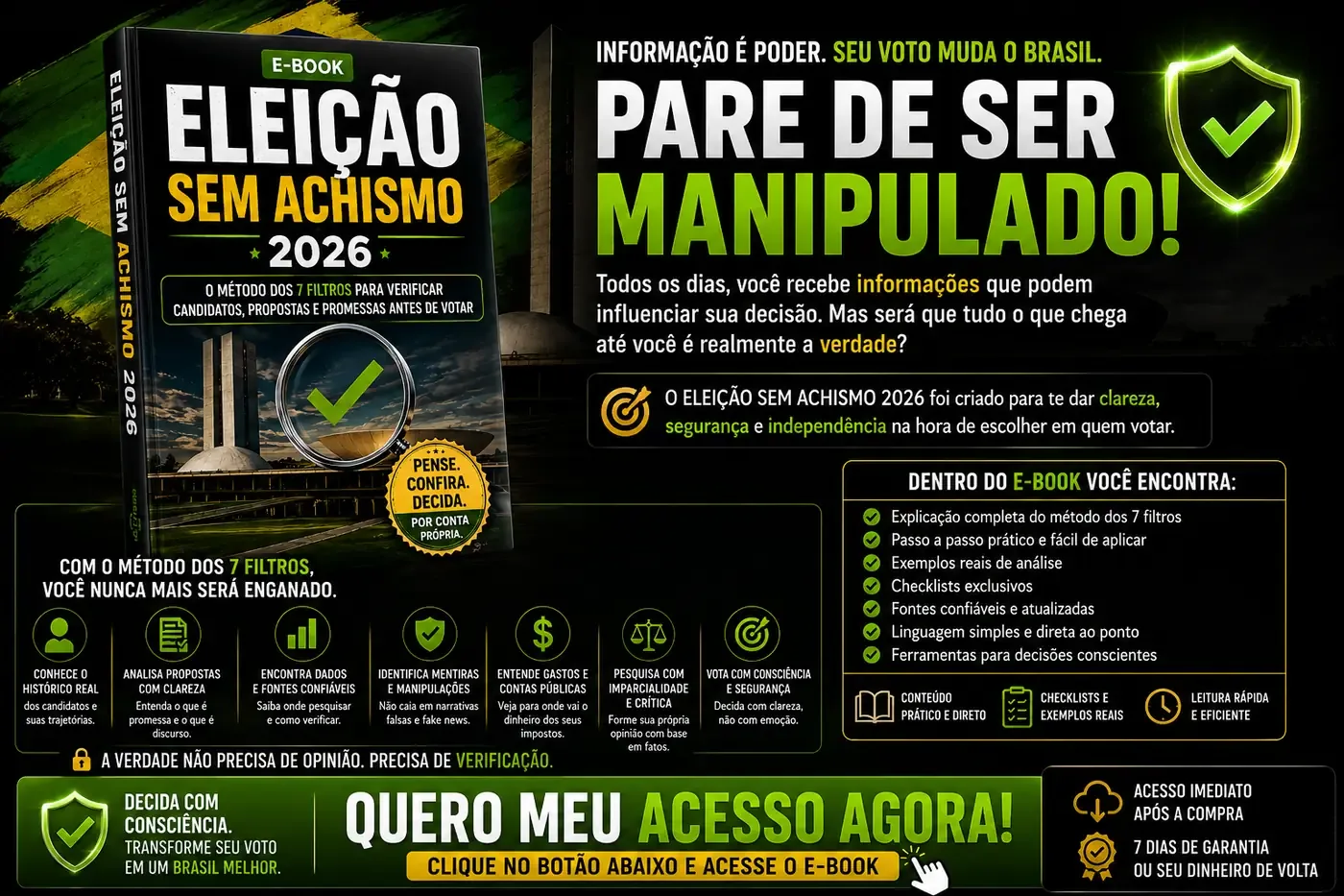 Dentro do e-book: explicação do método dos 7 filtros, checklists e exemplos de análise