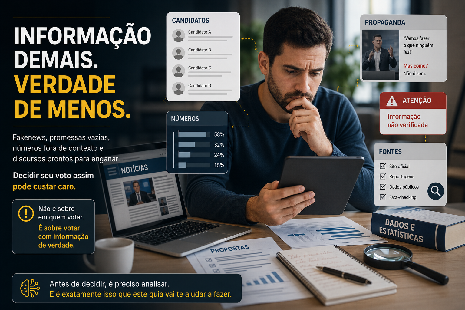 Pessoa analisando notícias, propostas e dados em telas e documentos