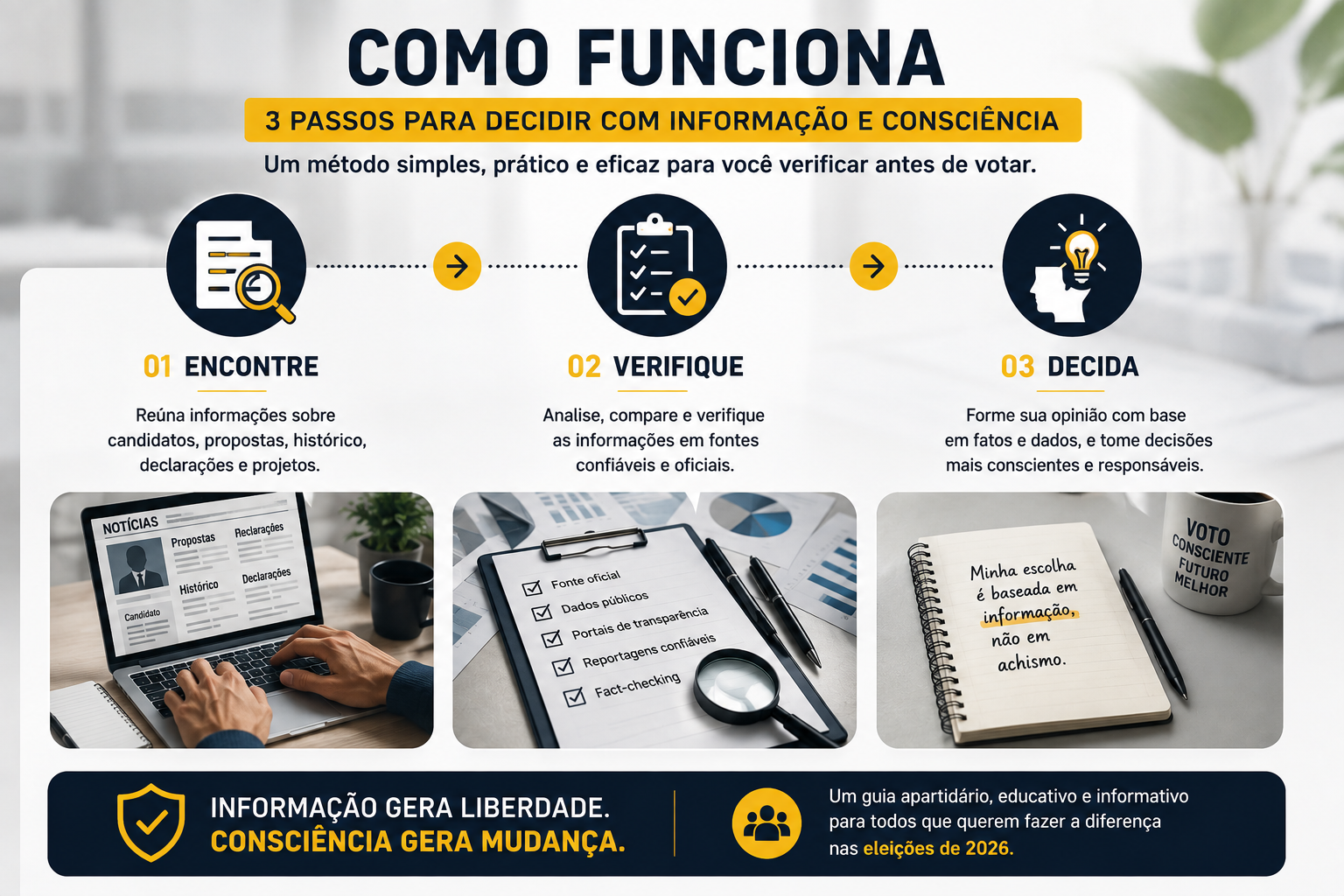 Como funciona: encontre, verifique e decida com informação