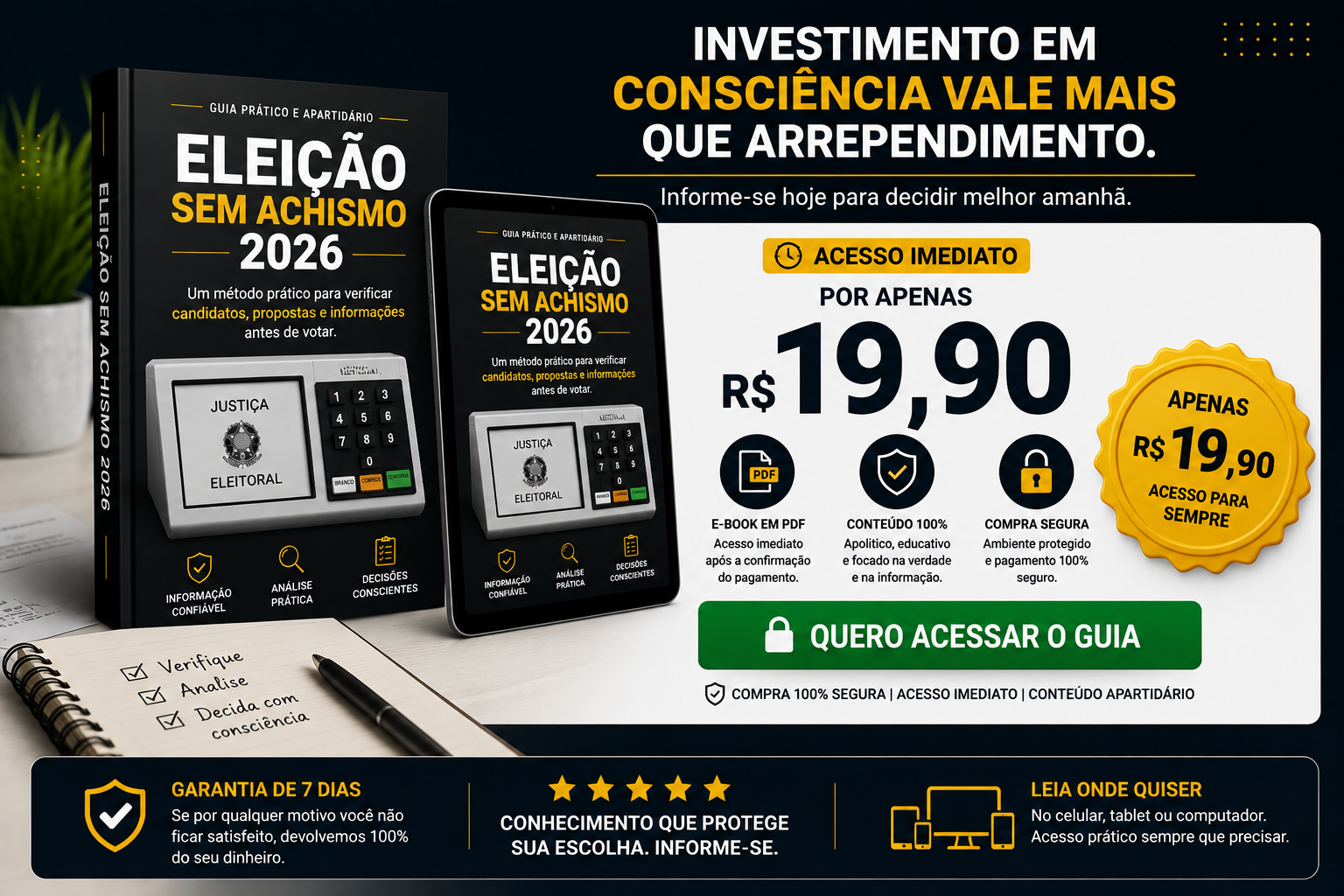 Guia Eleição Sem Achismo 2026 disponível em PDF para celular, tablet e computador